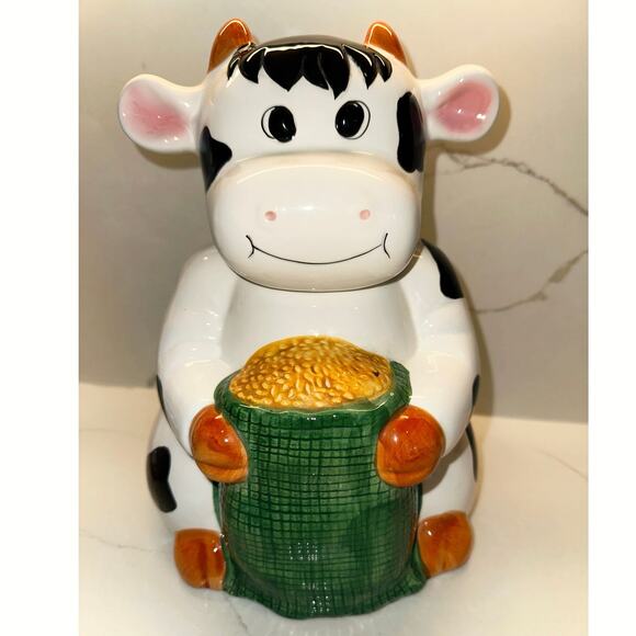 Vintage Cookie Jar White Cow Black Spots Holding Corn Bag - Picture 1 of 9